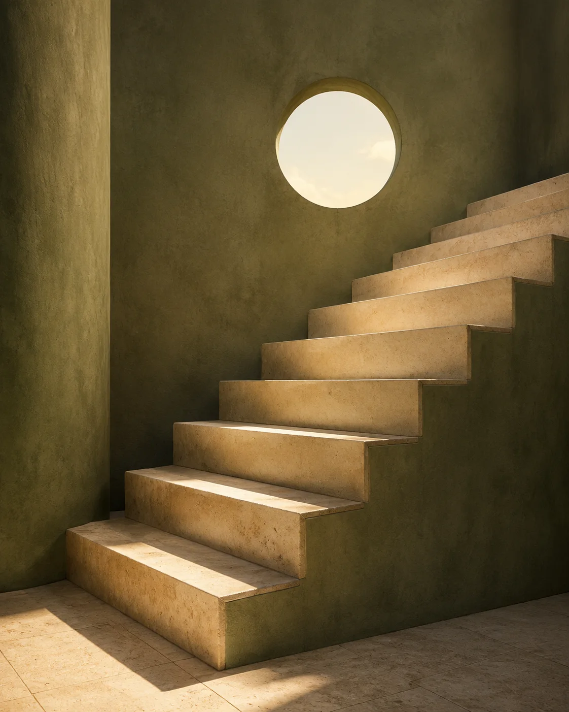 Sunlight falls across sharply defined limestone steps in an olive-walled courtyard.