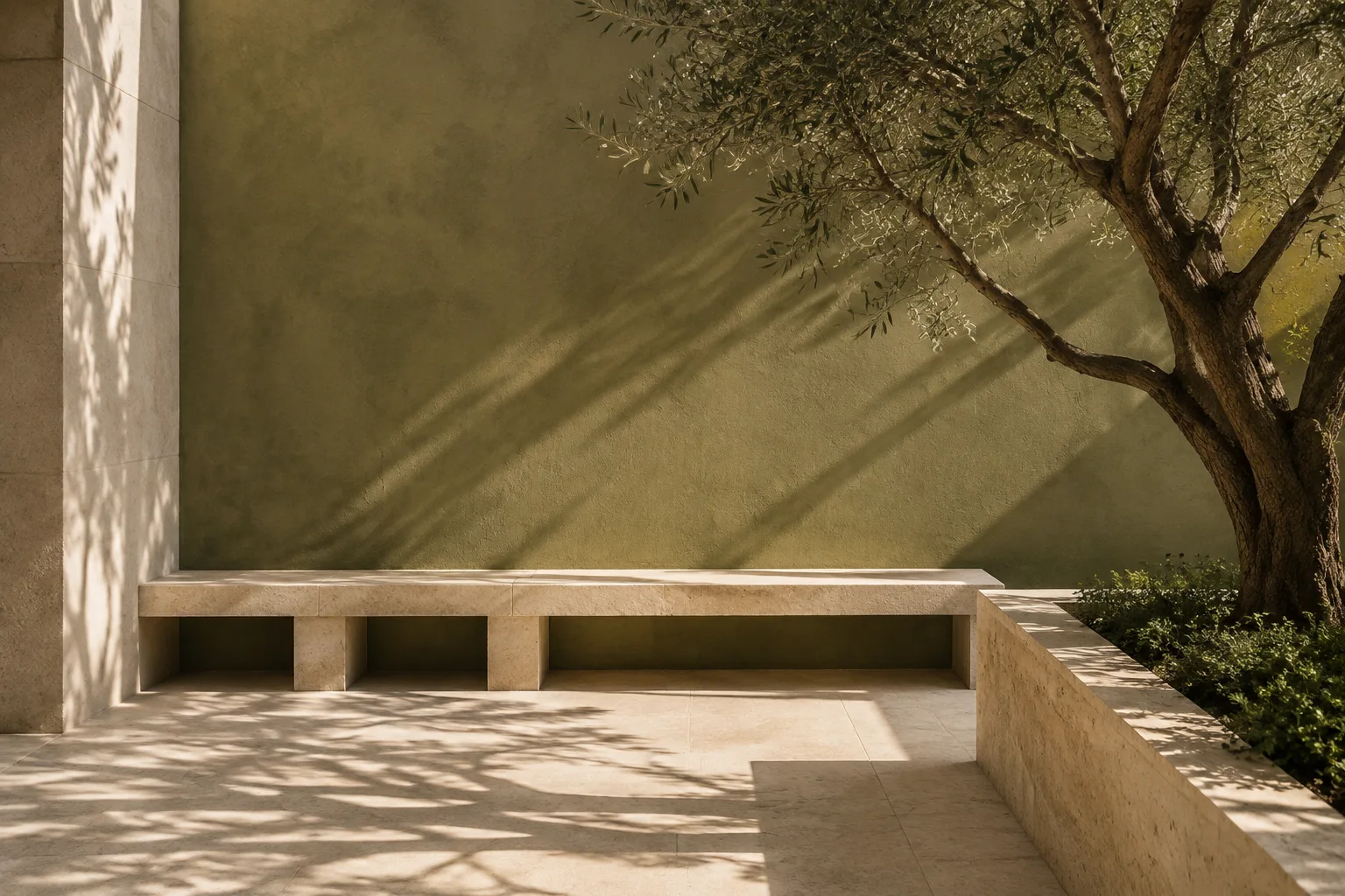 Morning sunlight and olive-tree shadows across a quiet stone courtyard.