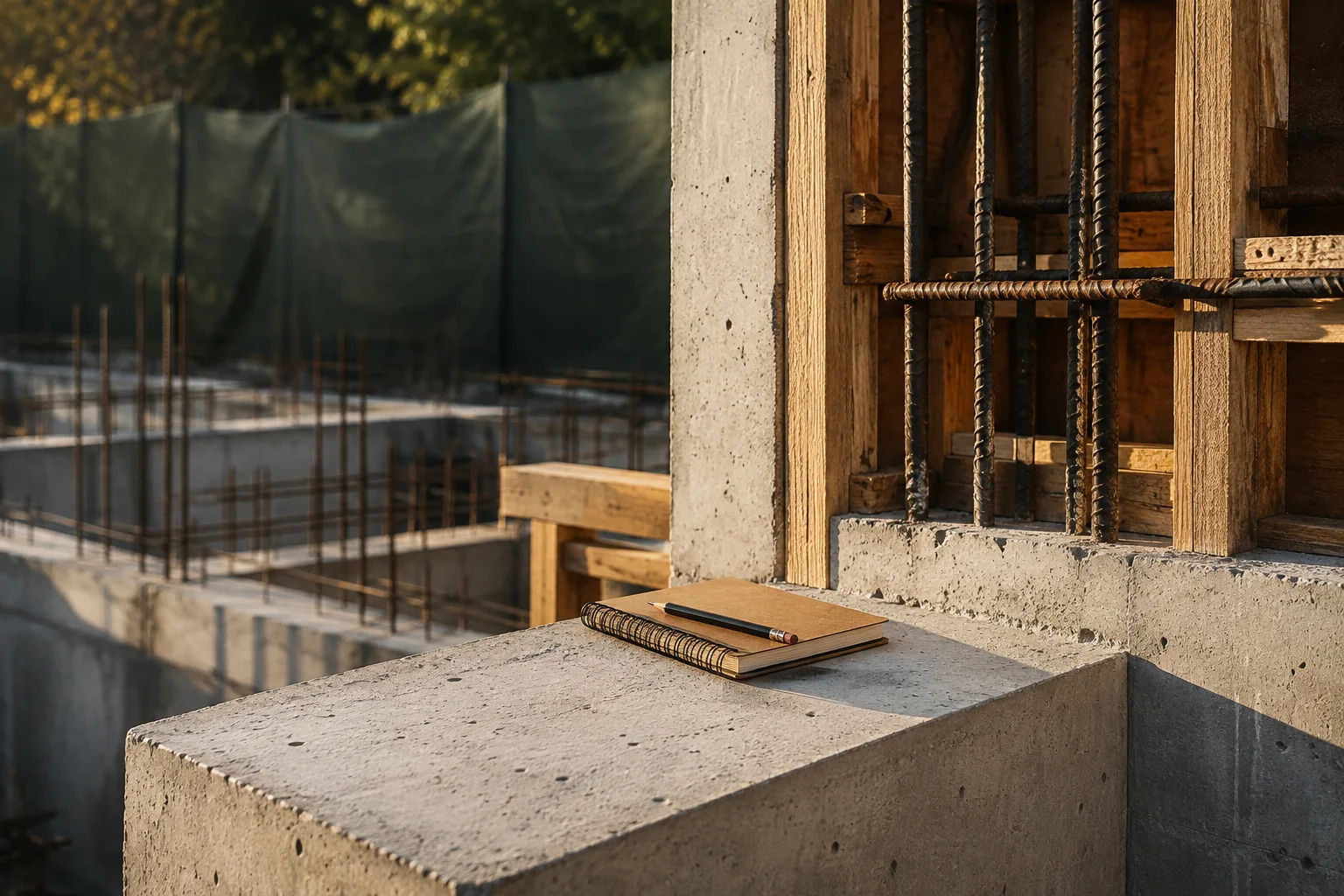Concrete structure, timber formwork, and a notebook in morning light.