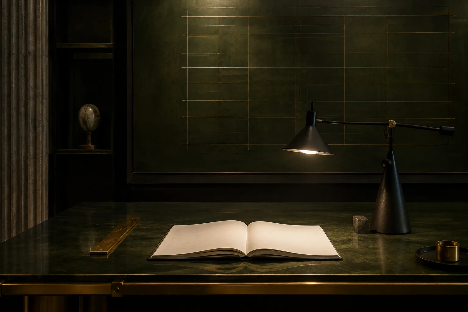 A blank notebook, brass ruler, and desk lamp on a dark olive table.